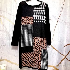 Mixed Leopard Houndstooth Patchwork Pattern Sweater Dress, L